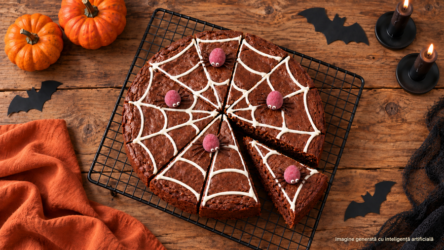 Halloween-i pókhálós brownie csokoládéba mártott málnával